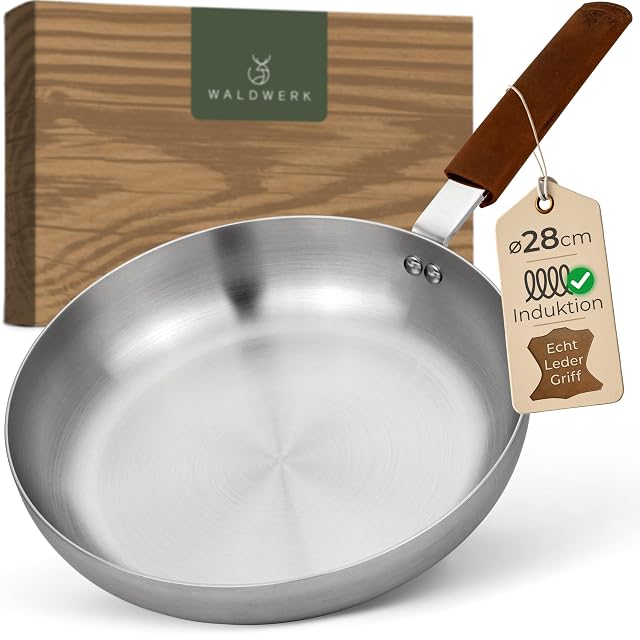 Poêle en inox WALDWERK de 28 cm avec manchon de manche en cuir